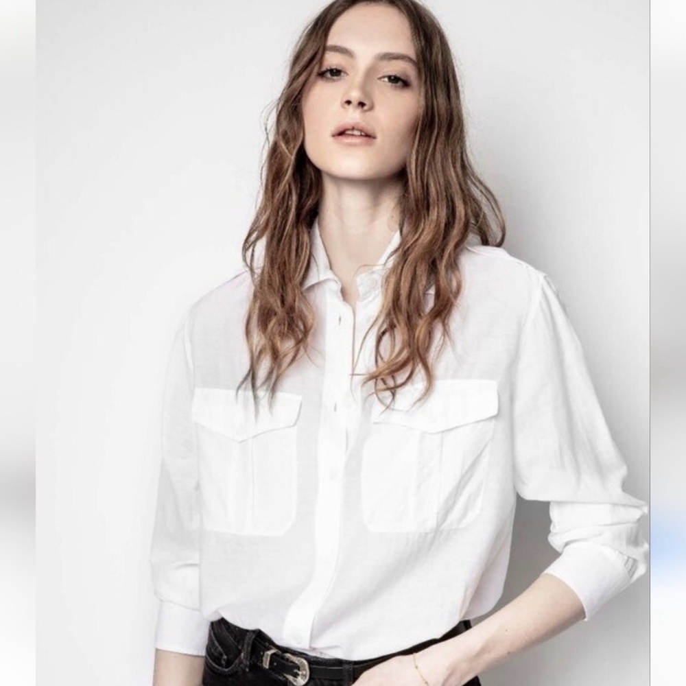 Zadig & Voltaire Taska Tomboy Western Blouse XS White Button Down Sheer Festival